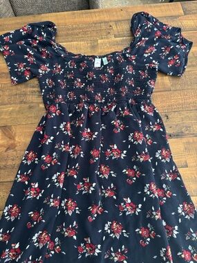 Susina Navy Floral Smocked Dress with Red Blooms